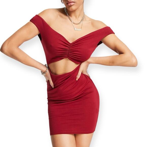 ASOS Design knot front off shoulder mini dress in oxblood Size US 8 - Picture 2 of 7